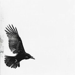 Obraz premium A solitary black raven soars through the sky, its elegant silhouette standing out against the white background