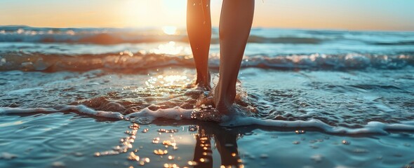 Close up of woman's feet walking on the beach, beautiful female legs in water at sea side