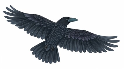 A solitary black raven soars through the sky, its elegant silhouette standing out against the white background