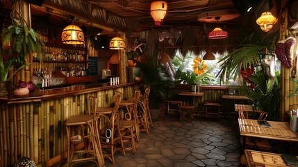 Retro tiki bar with bamboo furniture, thatched roof, and tropical decor.
