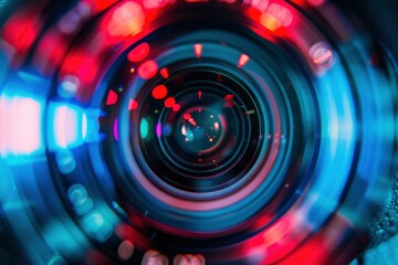 Detailed view of a video camera lens, displaying reflections of red and blue lights on the glass.