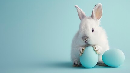 Cute white bunny sitting and holding a blue easter egg on a light pastel background with copy space,