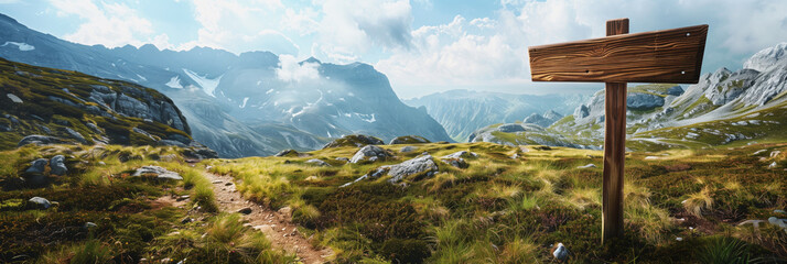 Stunning panoramic mountain landscape featuring an empty wooden signpost and a winding trail.