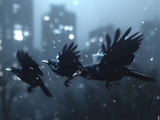 In a stunning display of agility, a group of crows swoops and dives through the air, their synchronized flight a sight to behold