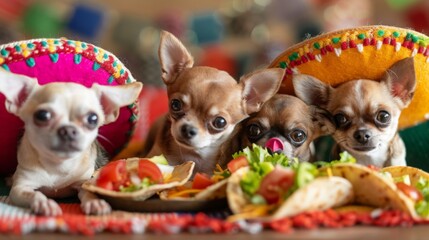 a group of chihuahuas enjoying a tiny Cinco de Mayo fiesta, complete with miniature sombreros and tacos