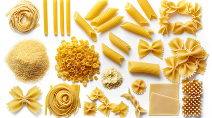 An assortment of various types of pasta meticulously arranged on a clean white background - obrazy, fototapety, plakaty