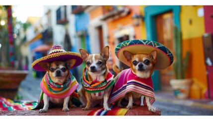 a group of chihuahuas dressed in tiny sombreros and sarapes, enjoying a fiesta in a colorful Mexican town