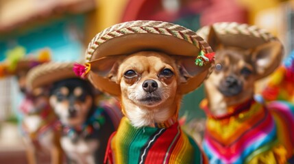 a group of chihuahuas dressed in tiny sombreros and sarapes, enjoying a fiesta in a colorful Mexican town