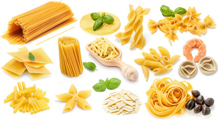 Various types of pasta neatly laid out on a white background - obrazy, fototapety, plakaty