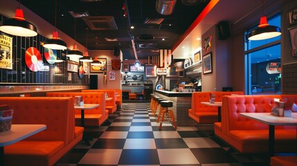 Retro vinyl record-themed burger joint with vinyl record burger patties, retro diner booths, and...