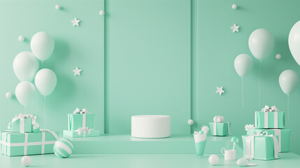3d rendering of colorful mint background wall with birthday party decoration, mint colors, empty wall mock up, birthday invitation, greeting card	
