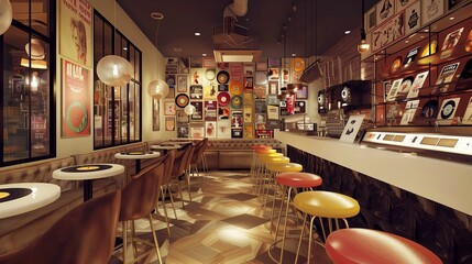 Retro vinyl record-themed cafe with record album menu, vinyl bar stools, and vintage memorabilia.