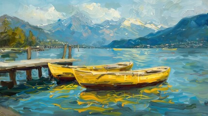 The background has a pier, mountains, and two yellow rowing boats on the lake.