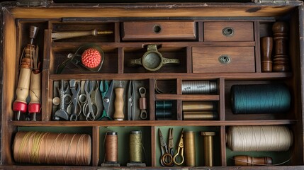 A vintage sewing box filled with tools and treasures. --ar 16:9 --style raw Job ID: 6ceb3432-df5f-4176-b0b3-c74b37da0e7b - obrazy, fototapety, plakaty
