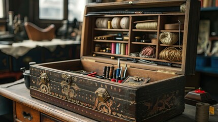A vintage sewing box filled with tools and treasures. --ar 16:9 --style raw Job ID: 331b8215-4787-4a13-878b-5ca395a4e1b8 - obrazy, fototapety, plakaty