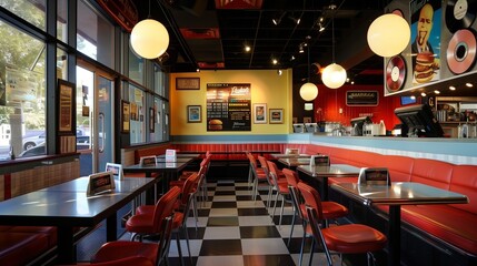 Retro vinyl record-themed burger joint with vinyl record burger patties, retro diner booths, and...