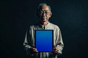 Device screen asian man in his 50s holding a tablet with an entirely blue screen