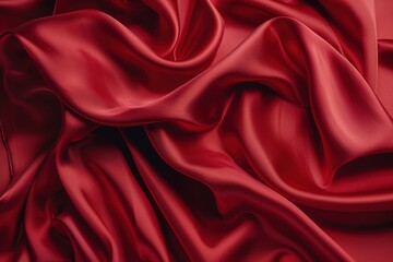 Fototapeta premium Red silk satin fabric background with wavy folds, luxury cloth texture for elegant design or valentine day concept