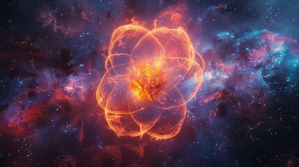 An atom with orbiting electrons, surrounded by colorful energy fields - obrazy, fototapety, plakaty