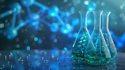 Vibrant science chemistry laboratory background with blue and green beakers and dna molecules on...