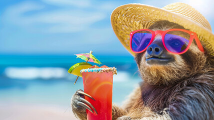 Fototapeta premium Cute sloth in sunglasses and with a glass of cocktail on the background of the ocean
