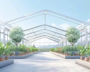Adaptive hydroponic systems in modern greenhouse, symbol of success, vibrant plant life, clear day