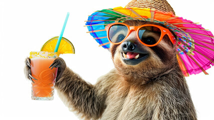 Fototapeta premium Cute sloth in sunglasses and with a glass of cocktail on a white background