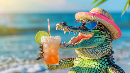 Crocodile in a hat and a cocktail on the background of the beach by the sea	

