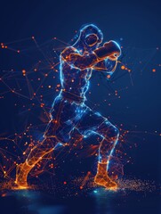 Boxing player in action made of polygon Al neon network on dark blue background