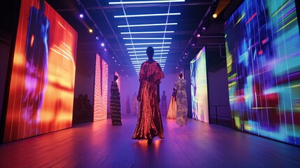 A futuristic fashion exhibition featuring mannequins dressed in LED-embedded gowns, illuminated...