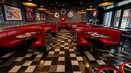 Retro vinyl record-themed pizza restaurant with vinyl record pizza trays, diner-style booths, and...