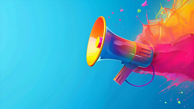 An illustration of a vibrant megaphone on a blue background symbolizing digital marketing, with ample copy space for advertising content