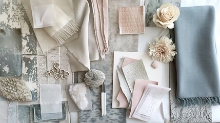An array of fabrics and color swatches neatly displayed for interior design planning and inspiration..