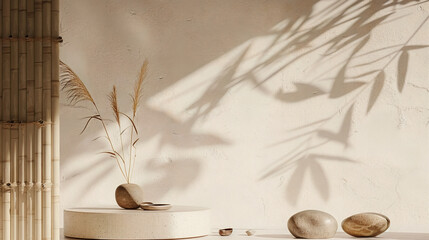 Simple beige e-commerce podium background, natural bamboo, rocks, product display , realistic...