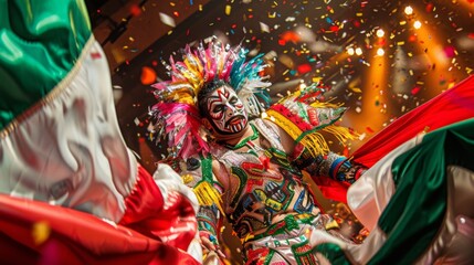 Mexican wrestler  in mid-match, surrounded by a swirl of colorful masks and capes, with the Mexican flag waving in the background