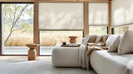 Modern interior window with energy-efficient cellular shades, featuring honeycomb design for superior thermal insulation and light control in a stylish home setting