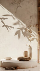 Simple beige e-commerce podium background, natural bamboo, rocks, product display , realistic photography