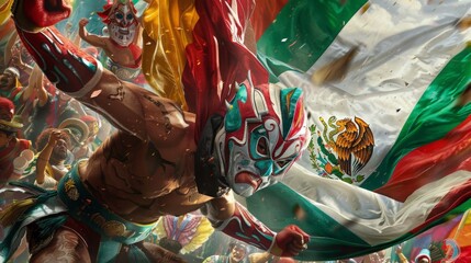 Mexican wrestler  in mid-match, surrounded by a swirl of colorful masks and capes, with the Mexican flag waving in the background