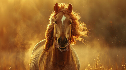 A beautiful palomino horse with long flowing mane backlit by the setting sun