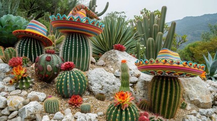 a magical Cinco de Mayo garden, with cacti and succulents shaped like maracas and sombreros