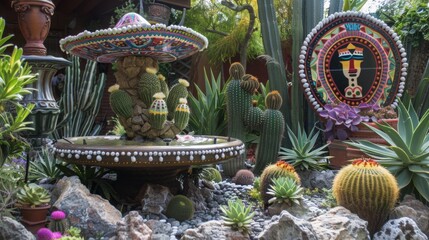 a magical Cinco de Mayo garden, with cacti and succulents shaped like maracas and sombreros