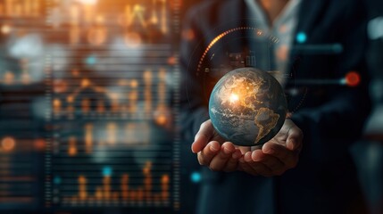 A businessperson holds a glowing digital globe symbolizing worldwide connectivity and data exchange in a modern world..