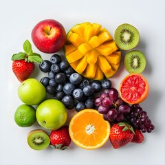 Fresh bright fruits and berries on a white background AI generated

