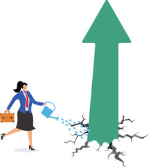Businesswoman watering growing arrow, investment concept