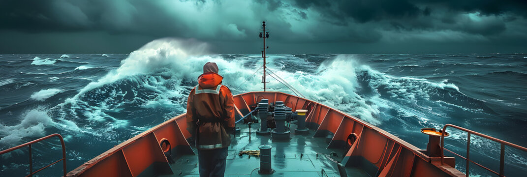 a seaman on a tanker during stormy sea, dramatic, cinematic lighting, wide angle