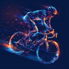 Cyclist in action made of polygon Al neon network on dark blue background, bicycle riding