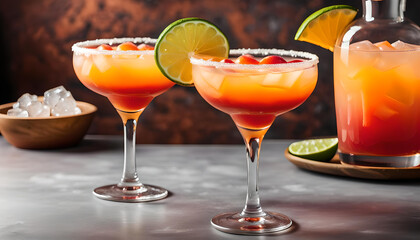 A refreshing summer drink is a tequila sunrise margarita cocktail served with ice in different...