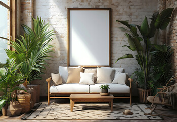 Home Interior with a Frame Poster Mockup, Modern Interior Design, 3D Render, 3D Illustration with ISO