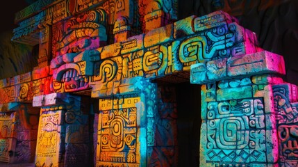 a Mayan temple coming to life on Cinco de Mayo, with vibrant colors and patterns emerging from the ancient stones