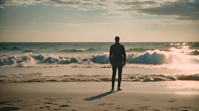 solitude sea man journey seashore beach, ocean, coast, sand, waves, water, shore, nature, outdoors, scenic, landscape, tranquility, peace, calm.